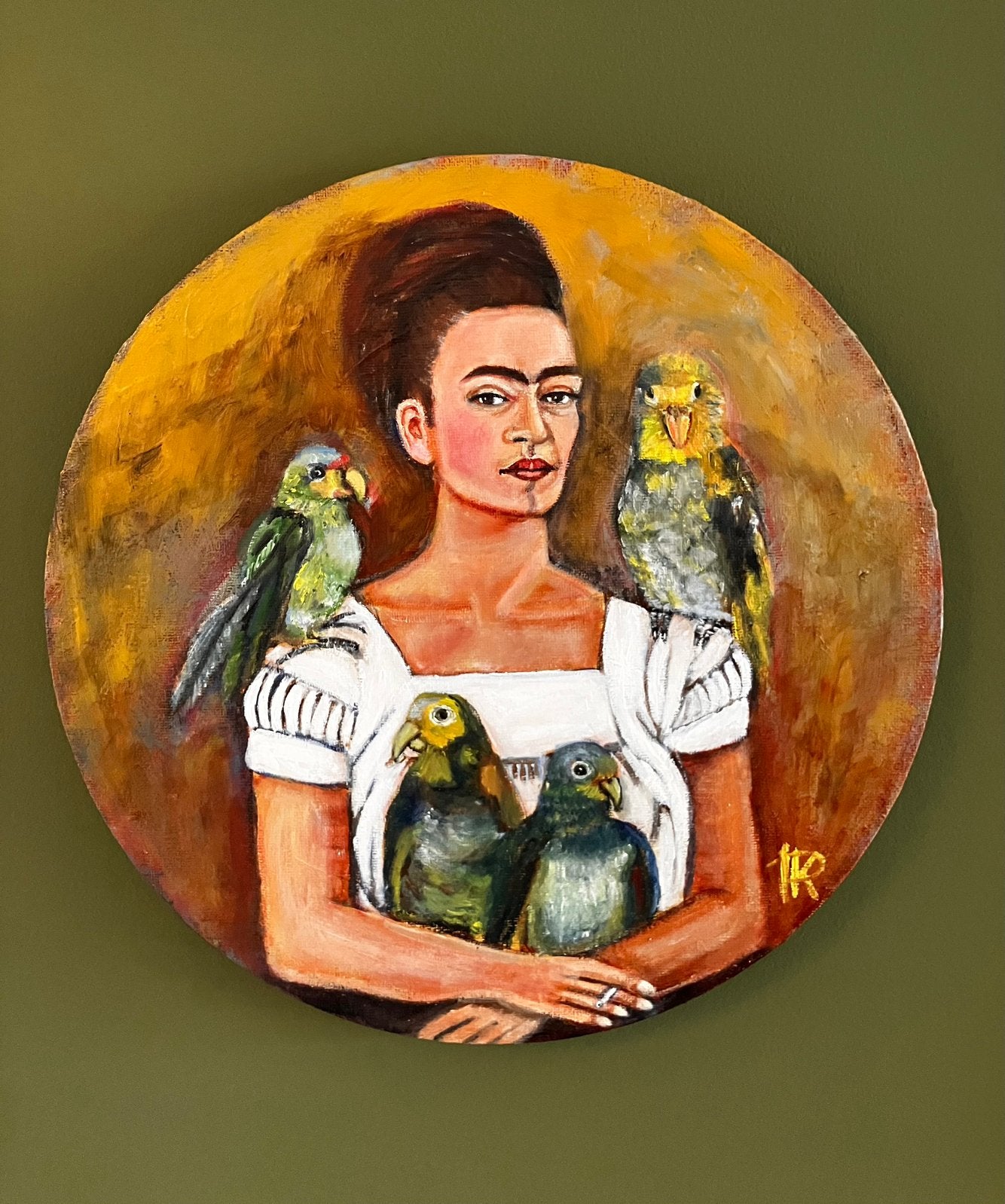 Rond Frida Kahlo olieverf schilderij, Antiek en Kunst, Kunst | Schilderijen | Modern, Portret, Olieverf, Overige materialen, Gesigneerd