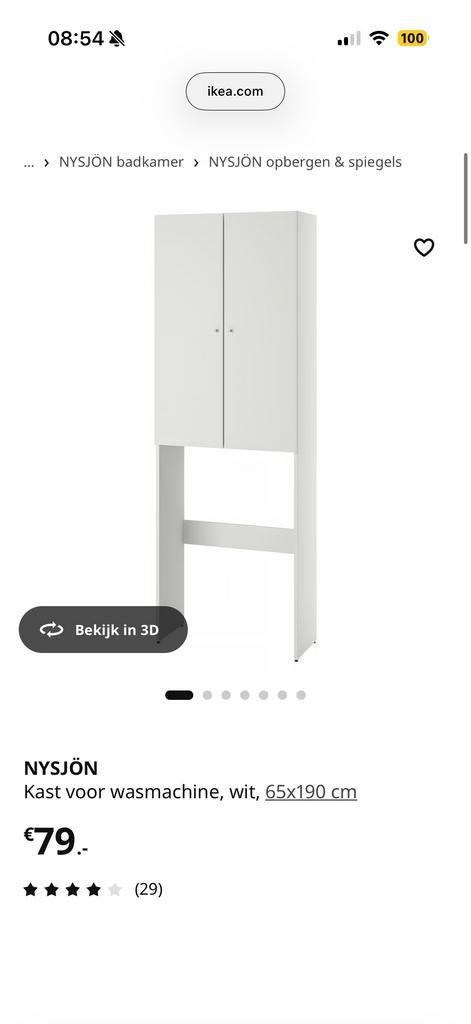 IKEA NYSJÖN Kast voor wasmachine, wit, 65x190 cm, Ophalen, Zo goed als nieuw