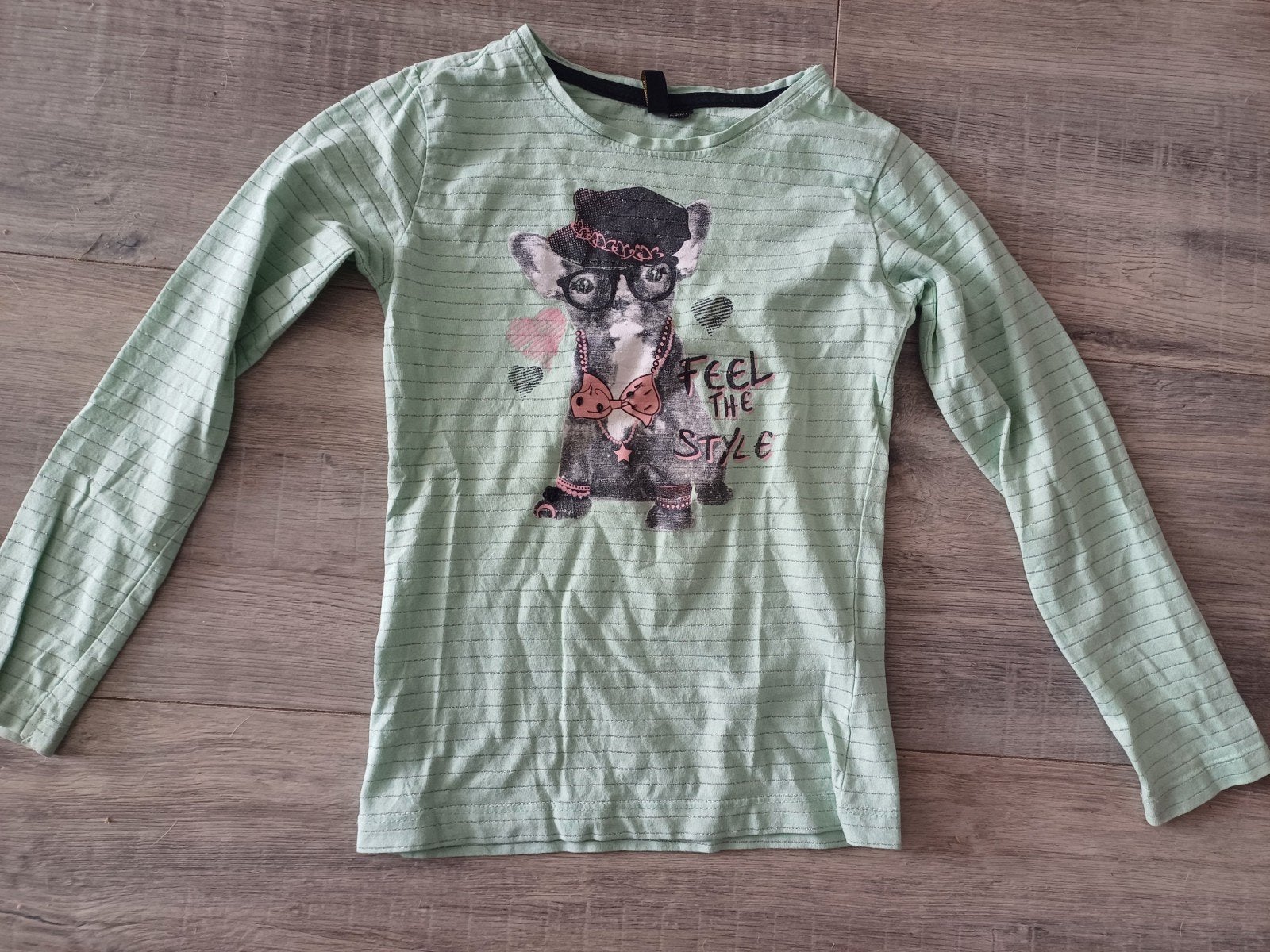 Longsleeve mintgroen met hondopdruk, maat 128/134, Meisje, Ophalen of Verzenden, Zo goed als nieuw, Shirt of Longsleeve