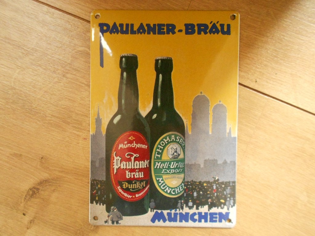 Emaille reclamebord plaat schild Paulaner brau bier munchen., Ophalen of Verzenden, Gebruikt, Reclamebord