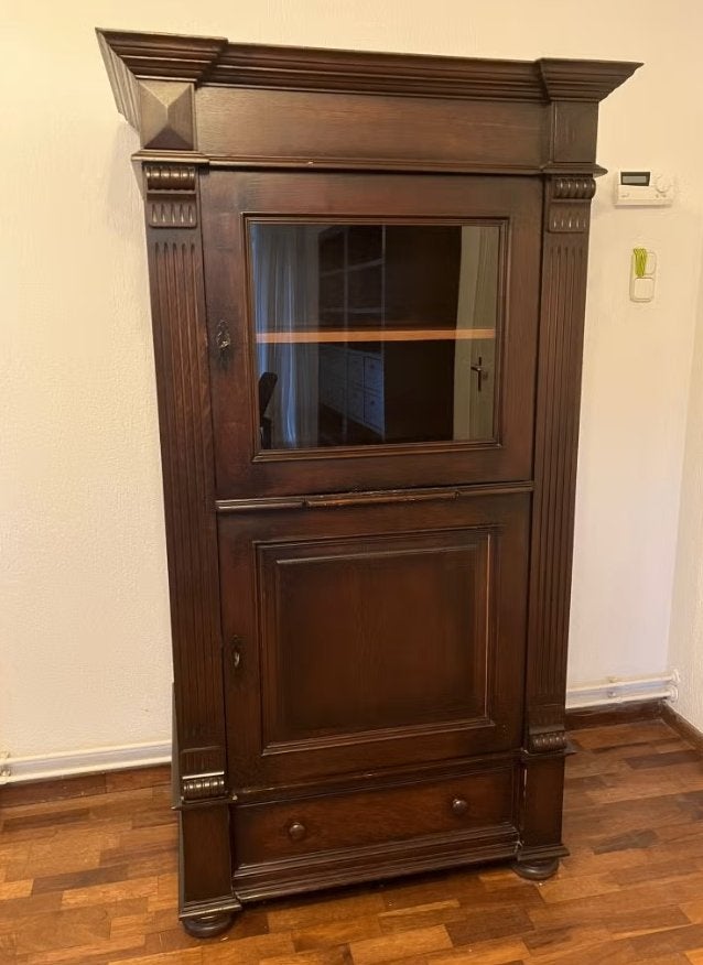 Vitrinekast donker eiken, Ophalen, Glas, Gebruikt, Vintage