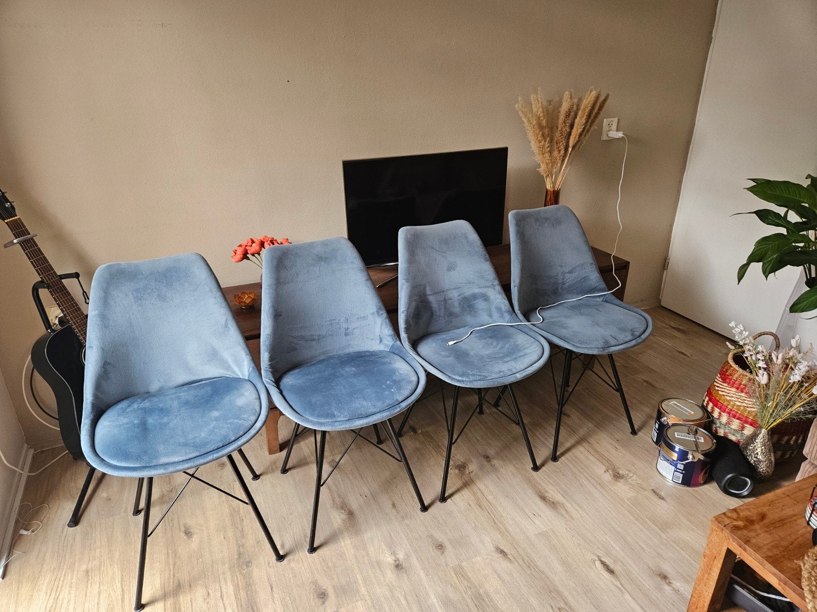 3 babyblauwe velvet eetkamerstoelen, Huis en Inrichting, Ophalen, Gebruikt, Drie, Blauw