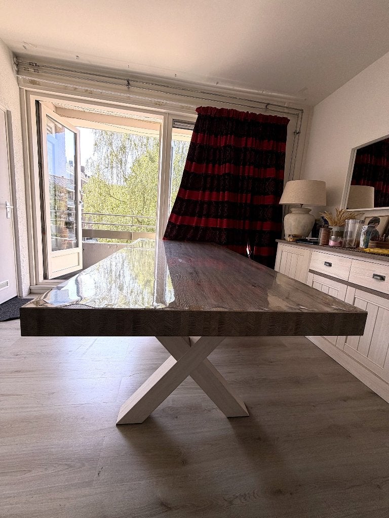 Eettafel met 6 gestoffeerde stoelen, Huis en Inrichting, Tafels | Eettafels, Ophalen, Overige materialen, 200 cm of meer, 50 tot 100 cm