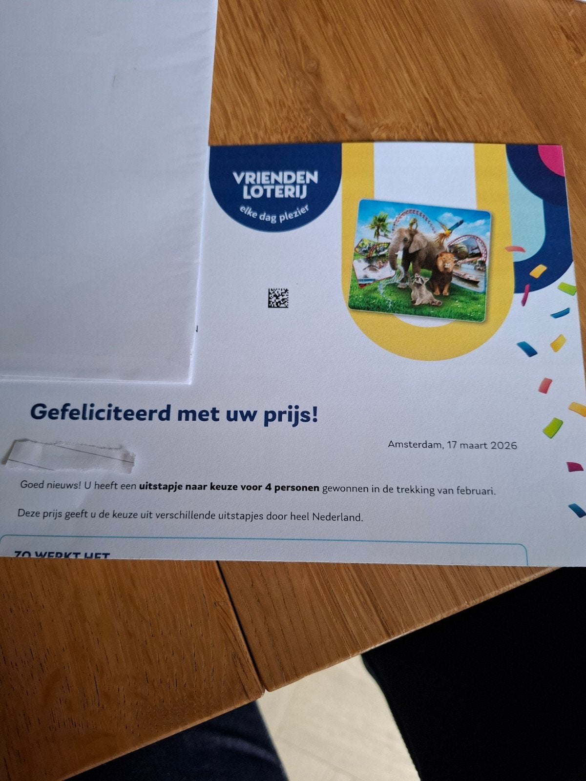 4 Kaarten uitstapje vriendenloterij kiezen voor 30/6., Drie personen of meer, Ticket of Toegangskaart