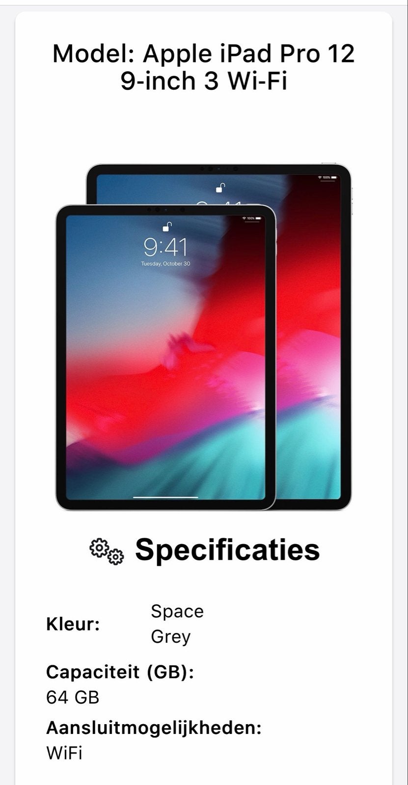 Apple iPad Pro 12,9 “ 3th Gen. 2018  (64gb) Wifi, Ophalen of Verzenden, Apple iPad, 64 GB