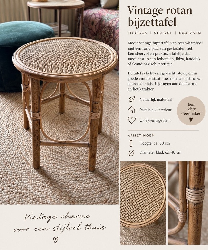 Vintage rotan bijzettafel – boho / Ibiza stijl, Ophalen of Verzenden, Rond, Minder dan 55 cm, 45 tot 60 cm