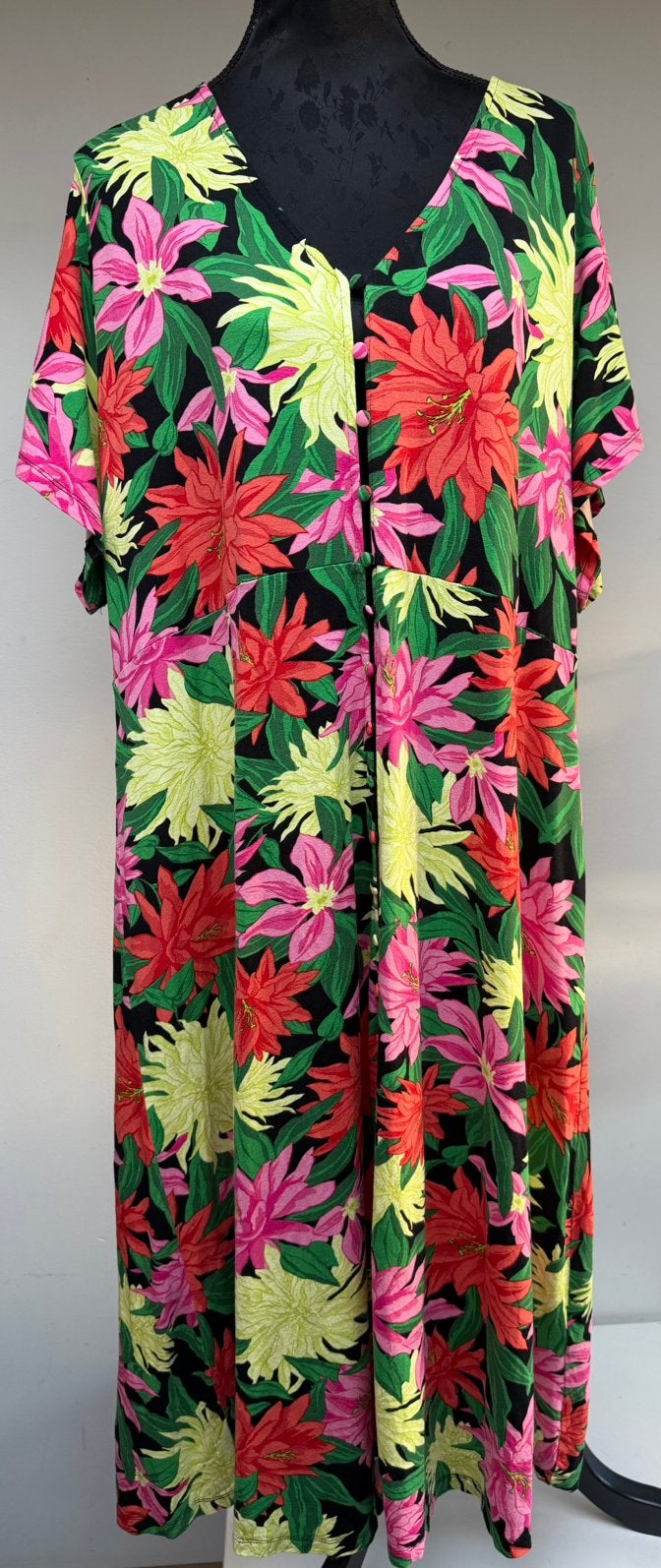 Superleuke zwarte jurk geel/roze bloemen MS mode XXL (54/56), Verzenden, Zo goed als nieuw, Zwart, Jurk