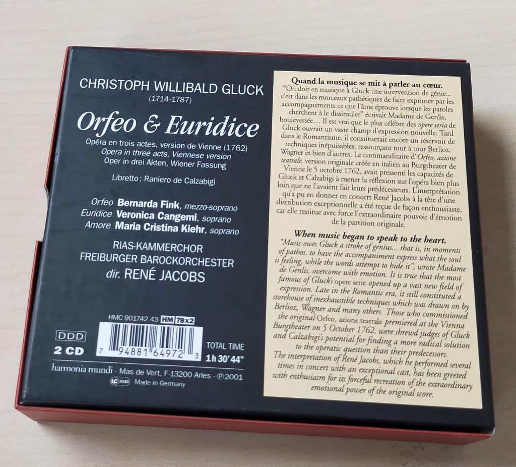 Gluck Orfeo & Euridice 2CD Opera Rene Jacobs, Ophalen of Verzenden, Romantiek, Gebruikt, Overige typen