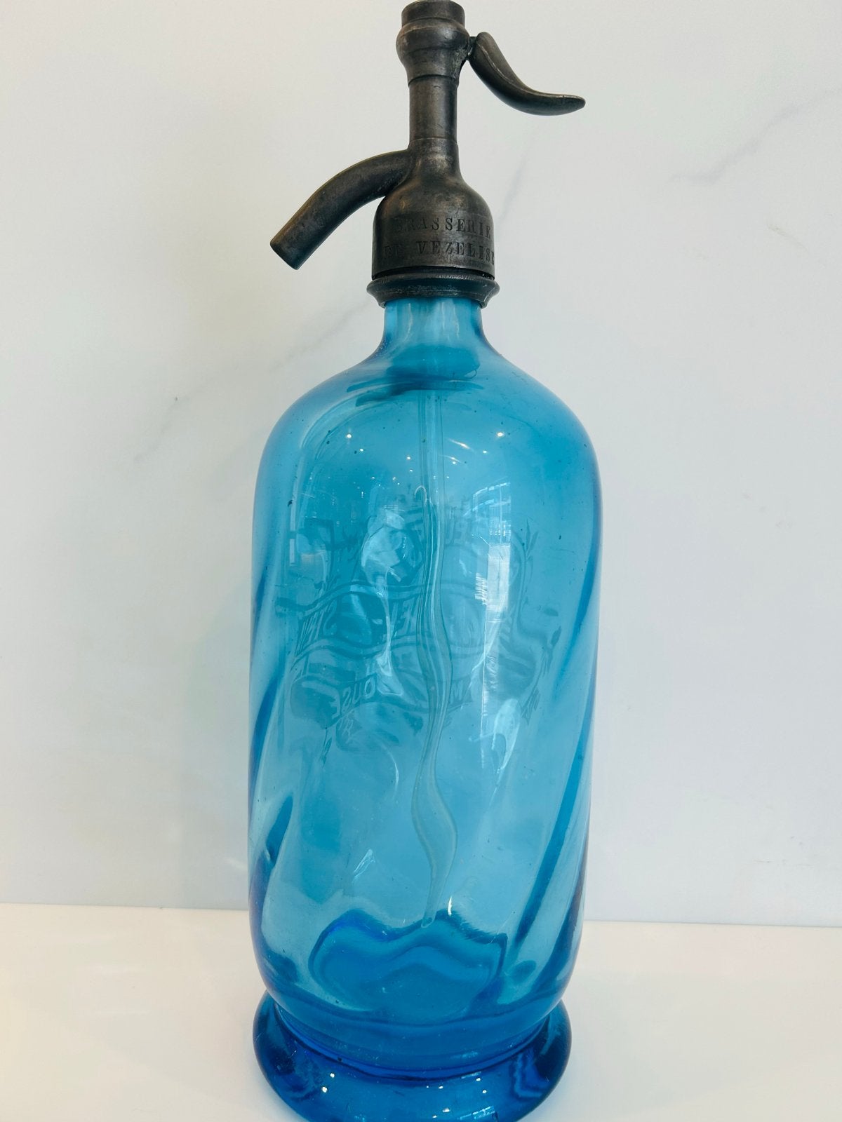 Antieke blauwe sifonfles "Gazeuses Daniel-Esteva", Antiek en Kunst, Ophalen