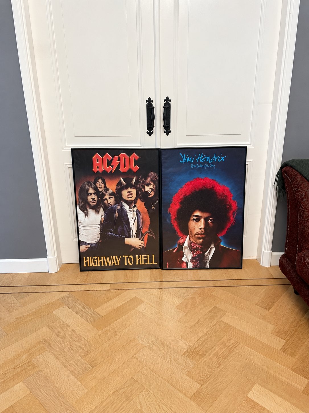Jimi Hendrix & AC/DC Highway to Hell posters met lijst, Ophalen, Zo goed als nieuw, Foto of Poster, 75 – 100