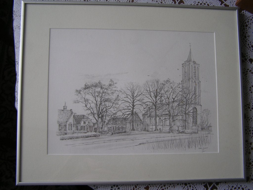 tekening Kerkebuurt Oud Soest met de Oude Kerk. Chr. Schut, Antiek en Kunst, Kunst | Tekeningen en Foto's, Ophalen of Verzenden