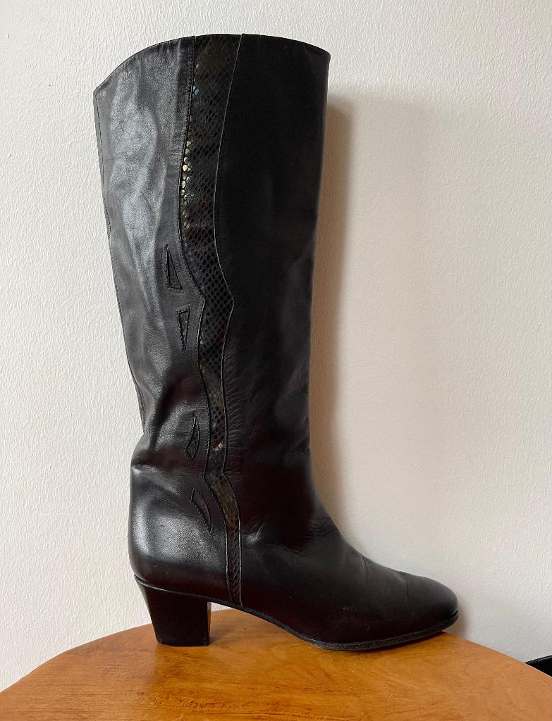 80s Vintage laarzen Brunella Italy black application 39 38, Hoge laarzen, Verzenden, Brunella, Zwart