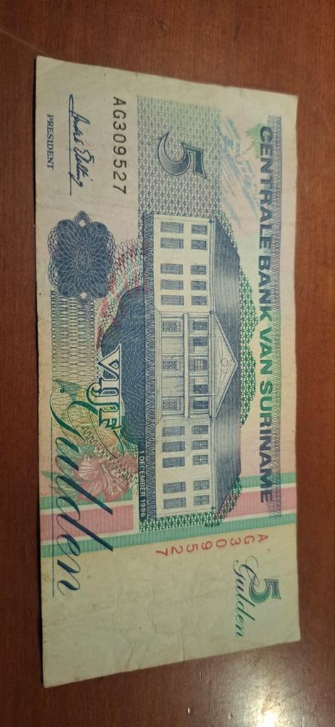 5 Gulden biljet Suriname 1988 - Zeldzaam bankbiljet, Postzegels en Munten, Bankbiljetten | Amerika, Ophalen of Verzenden, Zuid-Amerika