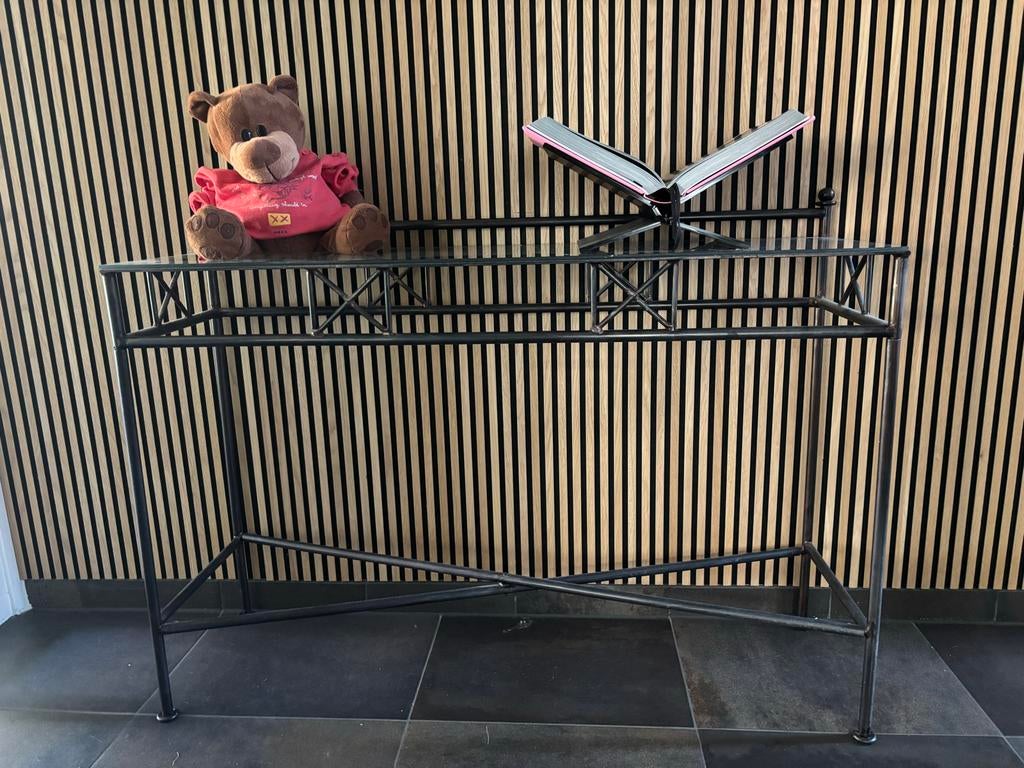 Zwart metalen console tafel met glazen blad, Ophalen, Zo goed als nieuw
