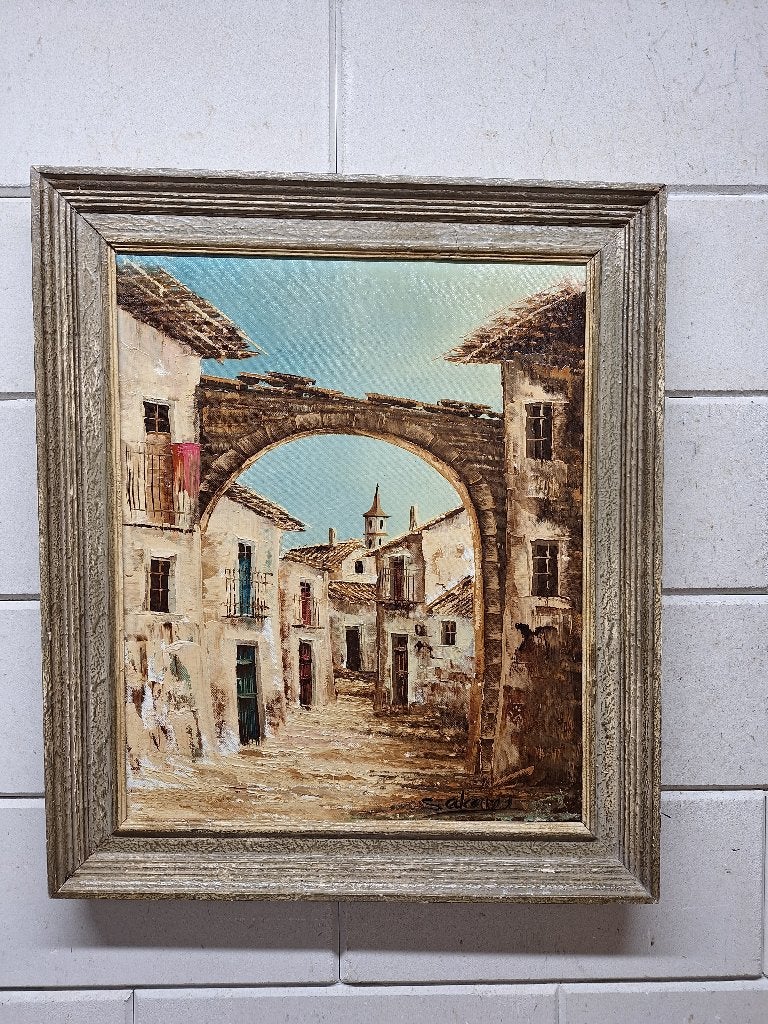 Olieverfschilderij: pittoresk stadsgezicht met boog, Doek, Realistisch, Origineel werk, Ophalen of Verzenden