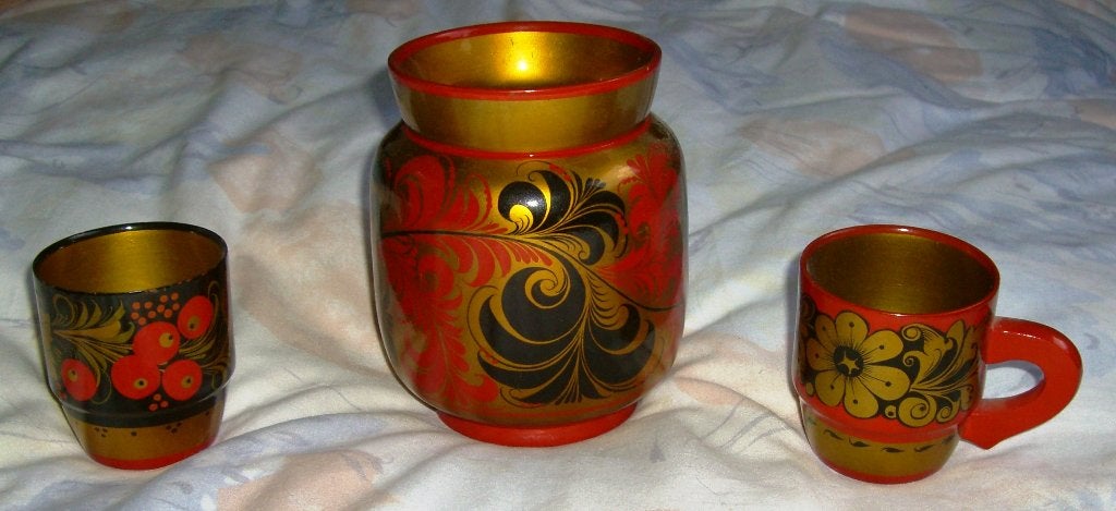 Russische vaas, beker, mok en slabestek – hout beschilderd, Ophalen of Verzenden