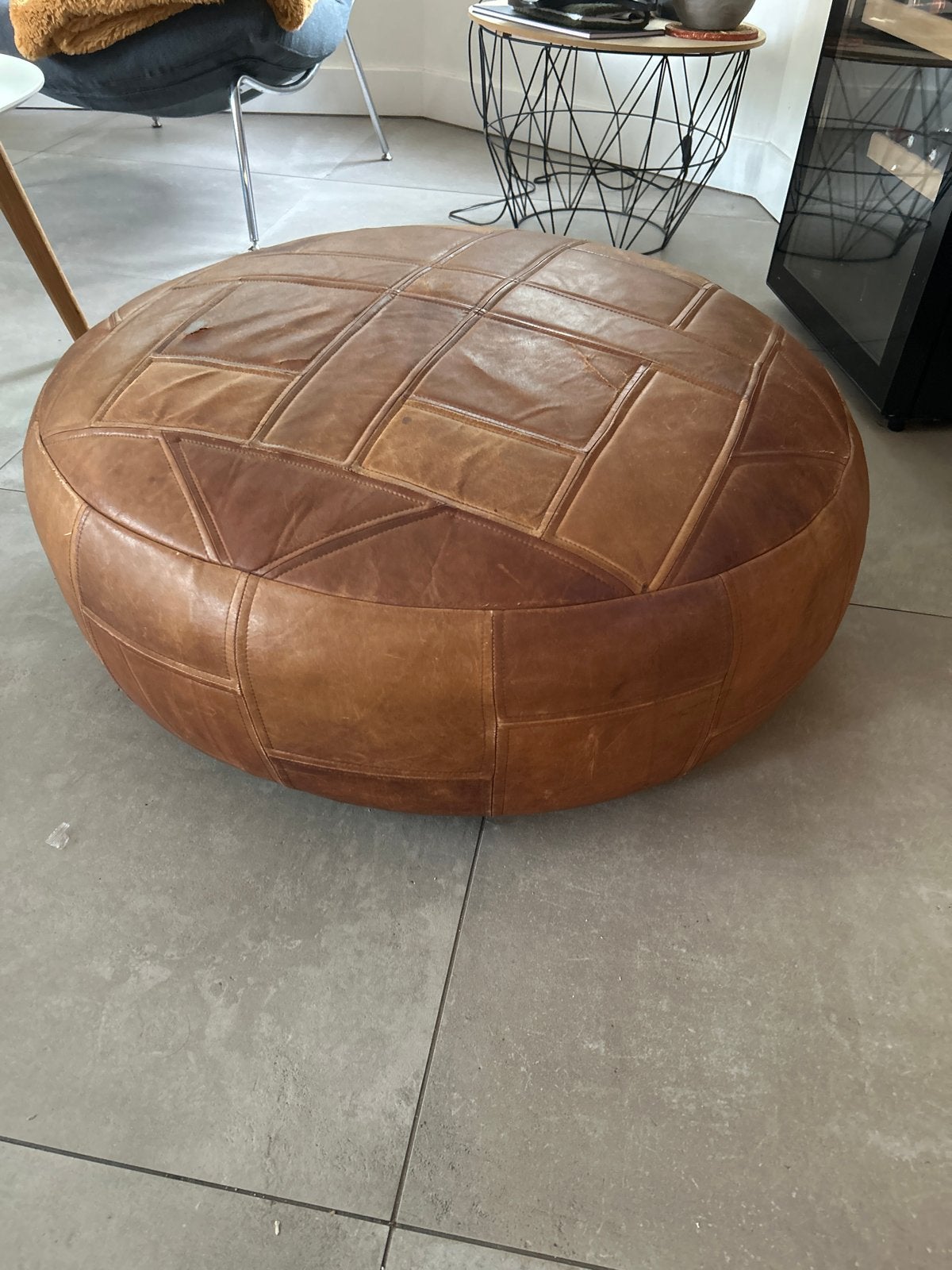 Leren poef - Rond - Bruin - diameter 90cm hoogte 30 cm, Ophalen, Gebruikt, Rond, Leer