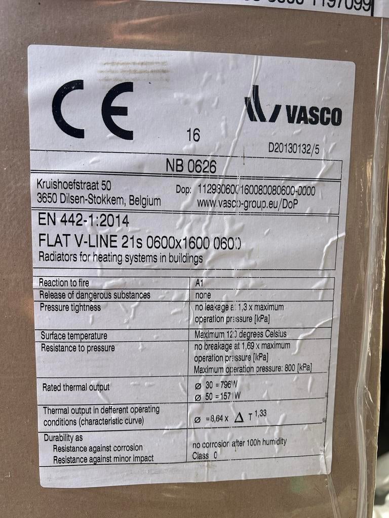 Nieuwe Vasco Flat V-Line 21s Radiator 600x1600, Ophalen, 30 tot 80 cm, Radiator, Nieuw