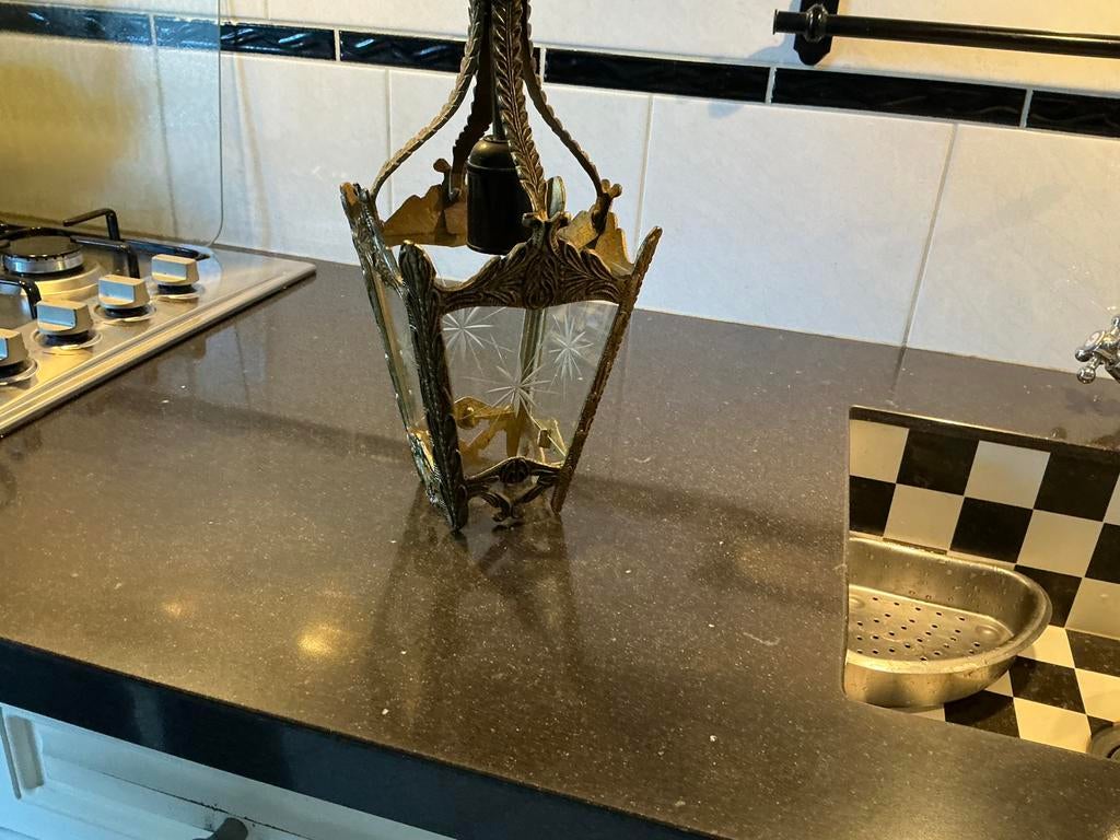 Oud hal lampje met geslepen glas, Ophalen of Verzenden