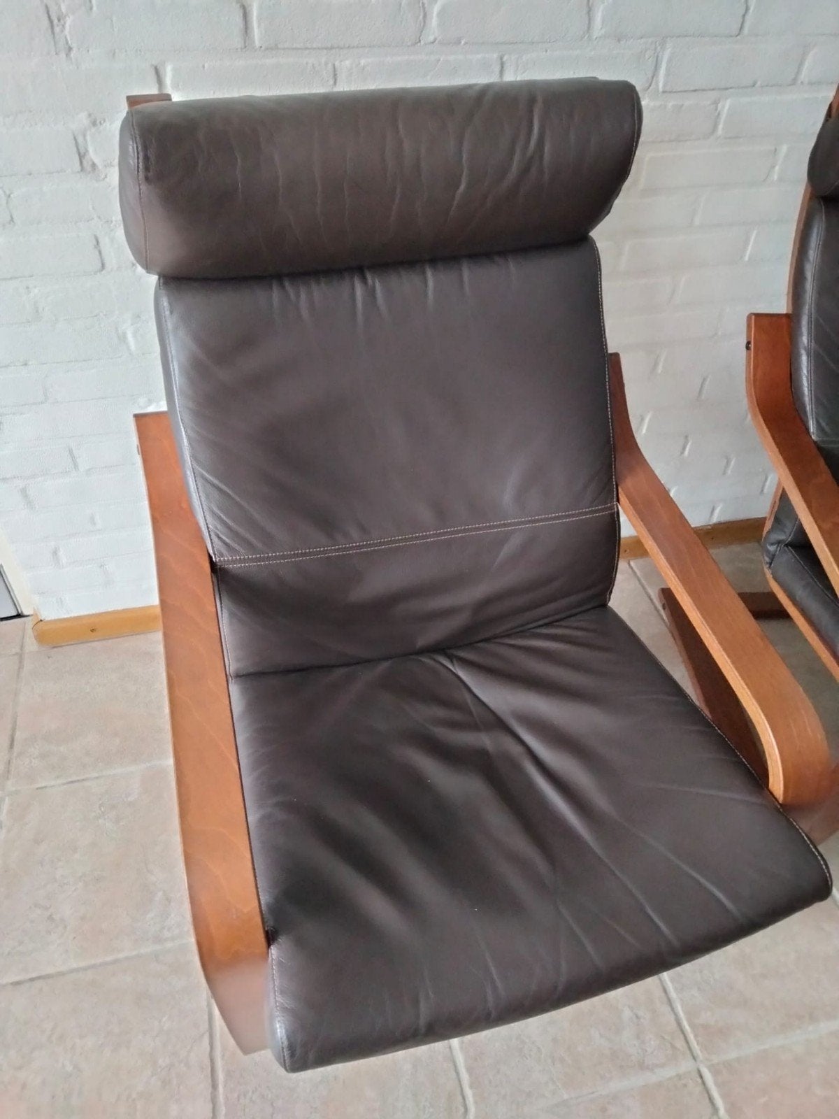 4 comfortabele relaxfauteuils van leer en hout, Ophalen, Modern, Comfortabel, Gebruikt, Bruin