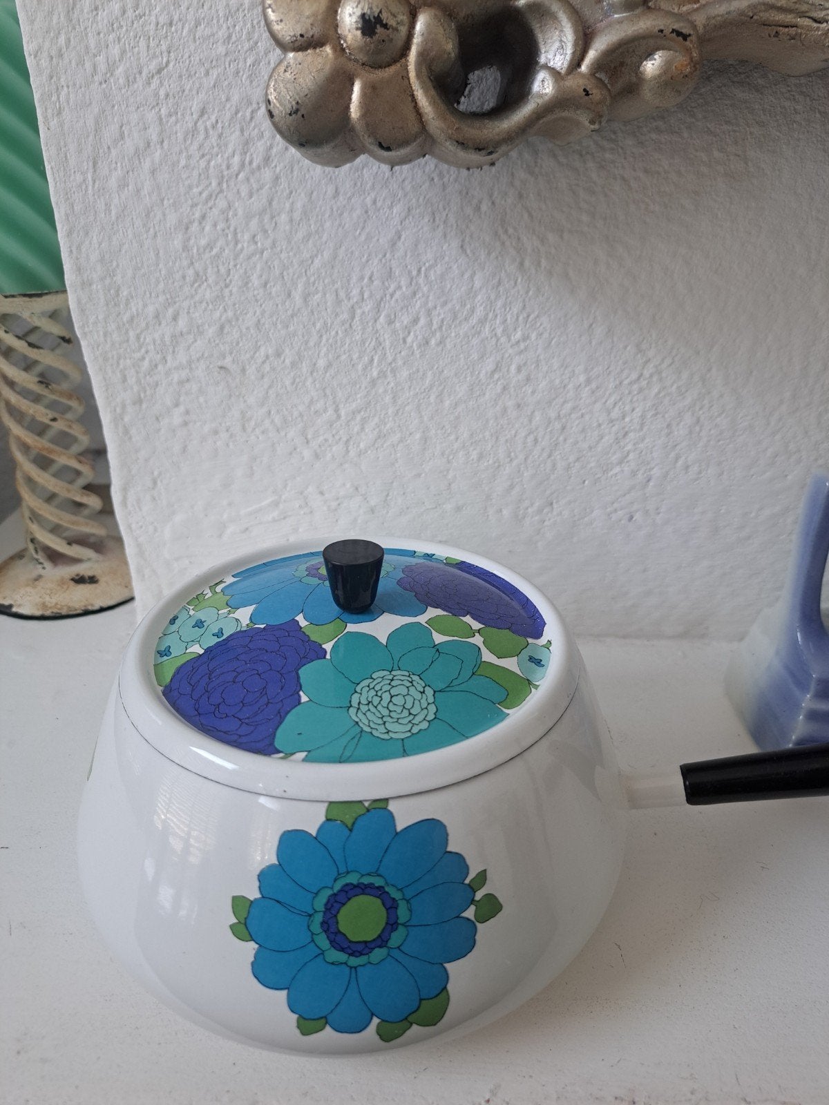 Retro Fonduepan met Onderbord - Flower Power Blauw Turqouise, Antiek en Kunst, Ophalen of Verzenden
