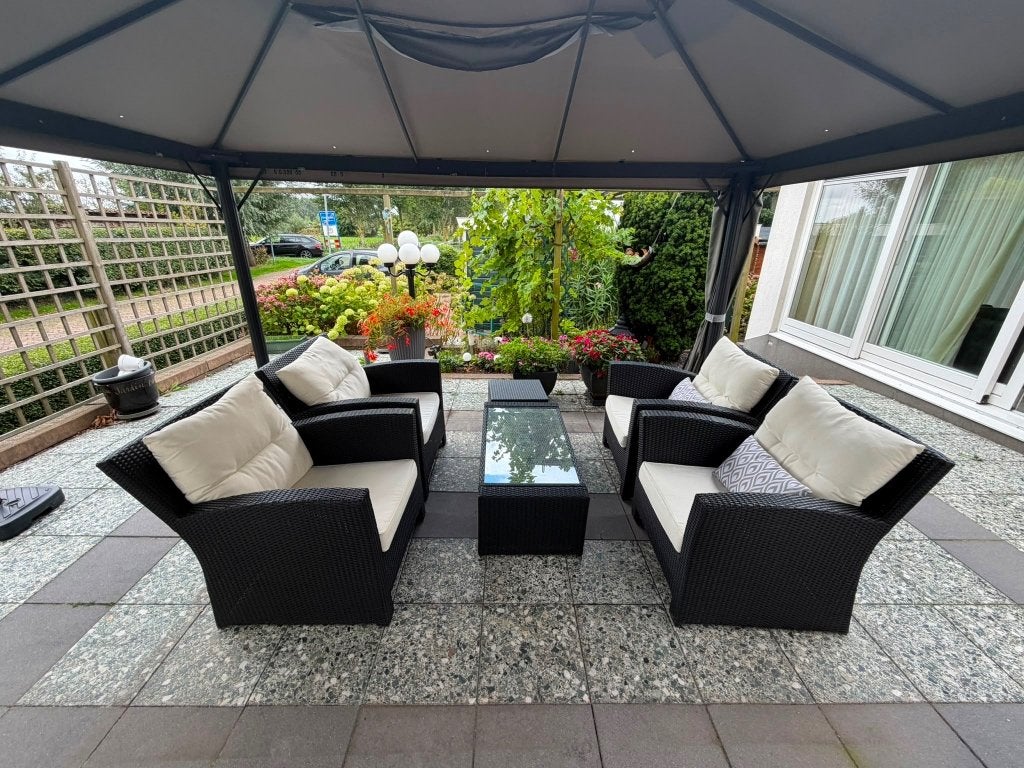 Lounge tuinset, 4 stoelen, tafel en hocker, Tuin en Terras, Tuinsets en Loungesets, Ophalen, 4 zitplaatsen, Gebruikt, Loungeset