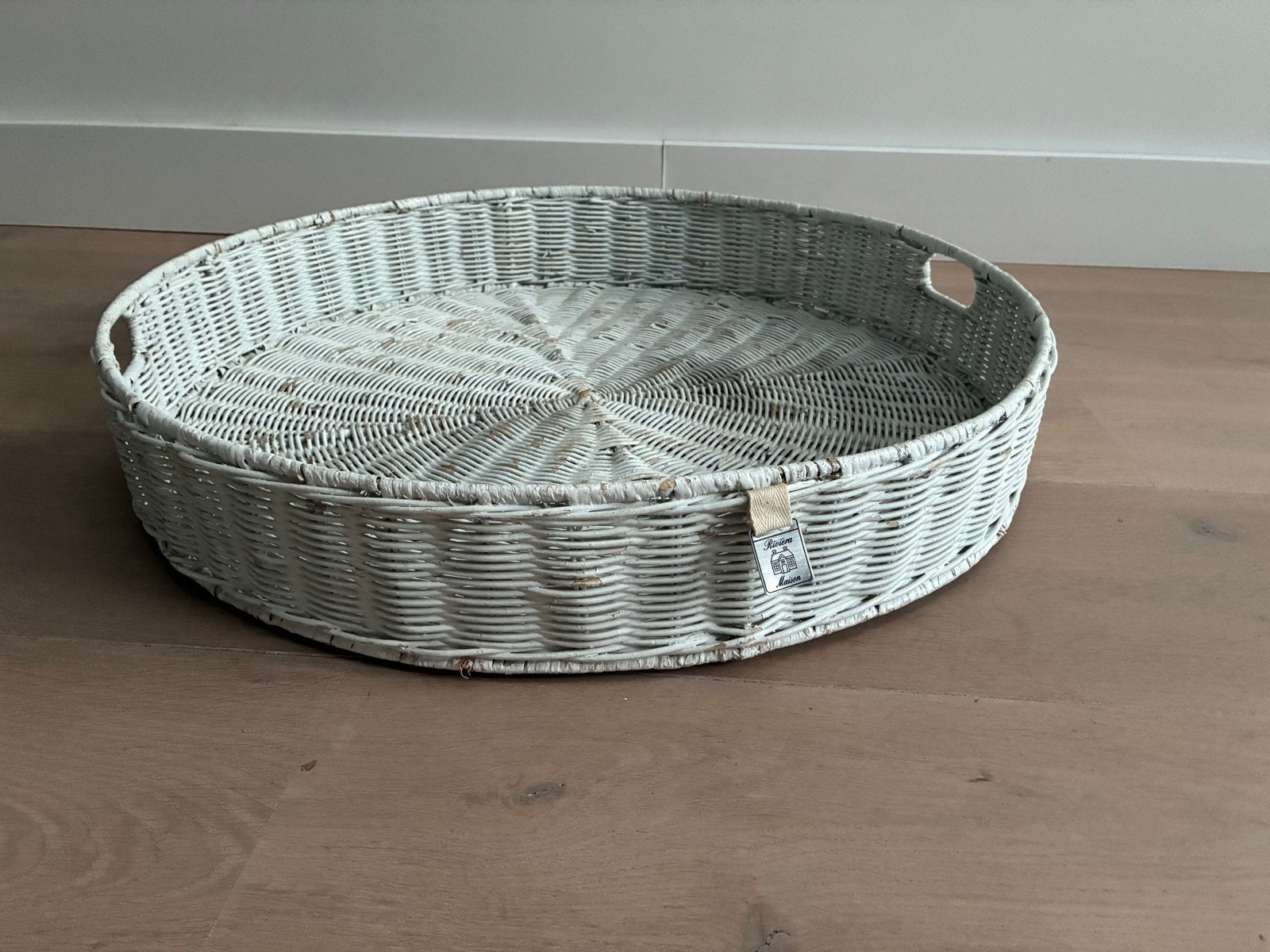 Groot rond Riviera Maison rieten dienblad - 60 cm doorsnede, Ophalen, Gebruikt, Gevlochten, Natuurlijk materiaal