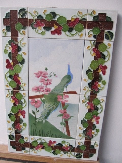 Tegelpaneel antieke wandtegels pauw 46 x 30,cm, Antiek en Kunst, Ophalen of Verzenden