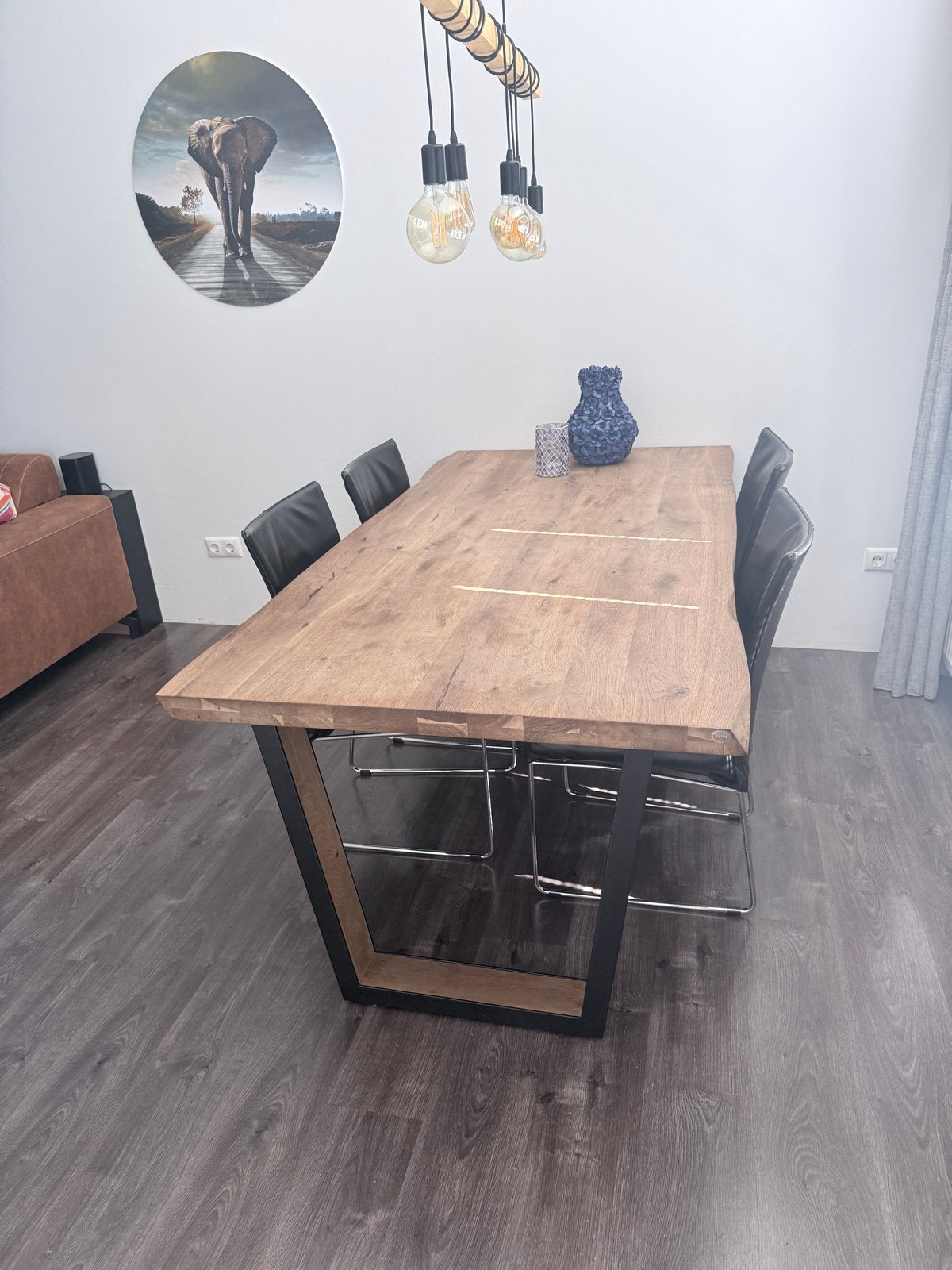 Massief eiken eettafel 200x102 cm met industrieel onderstel, Huis en Inrichting, Tafels | Eettafels, Ophalen, 100 tot 150 cm, Eikenhout