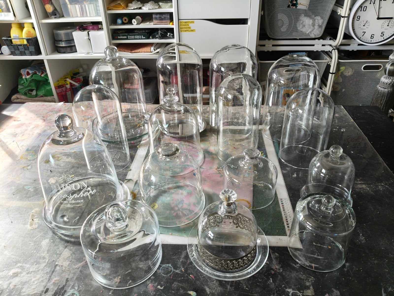 Diverse glazen stolpen, sommige met opzetbord, Glas, Ophalen of Verzenden, Gebruikt, Met plateau
