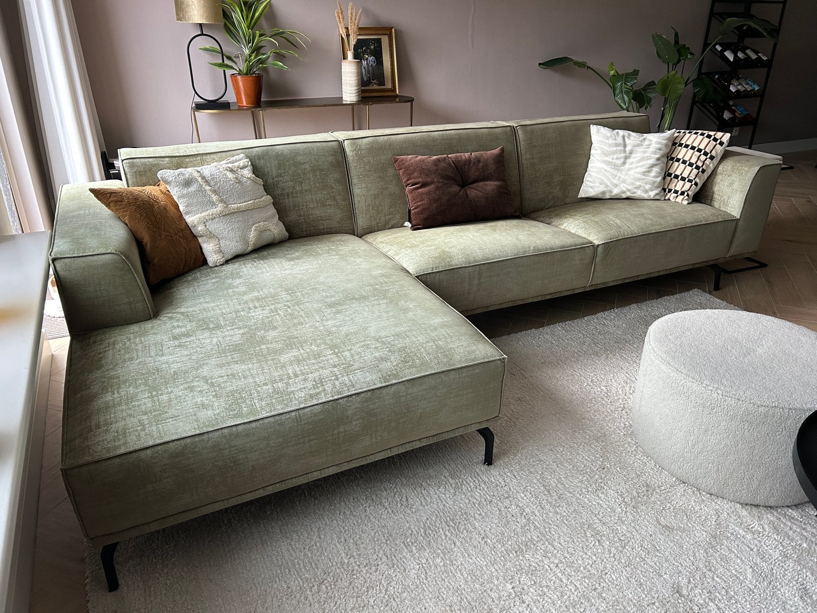 Corné Wonen hoekbank 320 cm | champagne/beige kleurig velvet, Ophalen, Gebruikt, 125 cm of meer, 75 tot 100 cm
