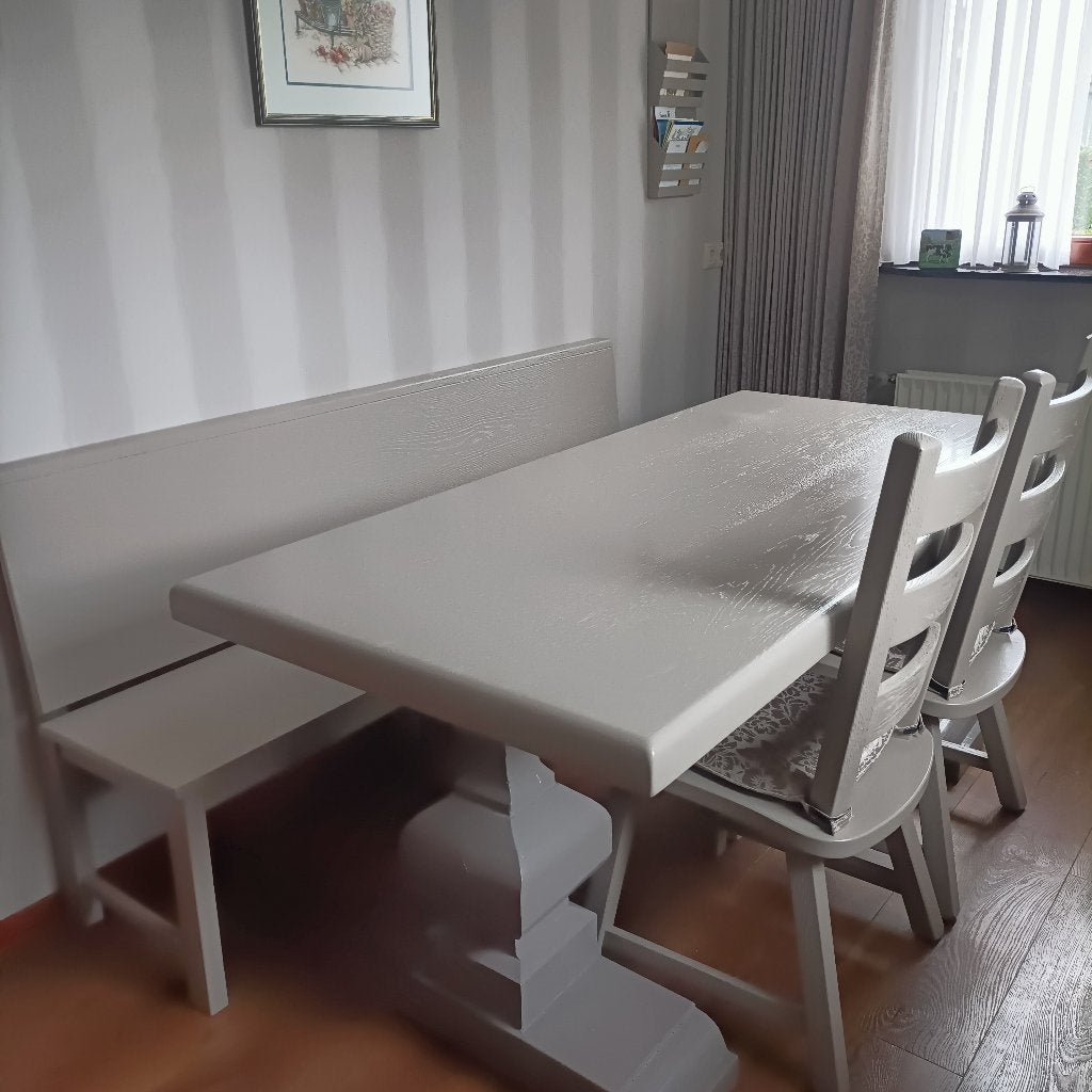 Eettafel met bank en stoelen, Huis en Inrichting, Tafels | Eettafels, Ophalen, Gebruikt, Eikenhout, 200 cm of meer