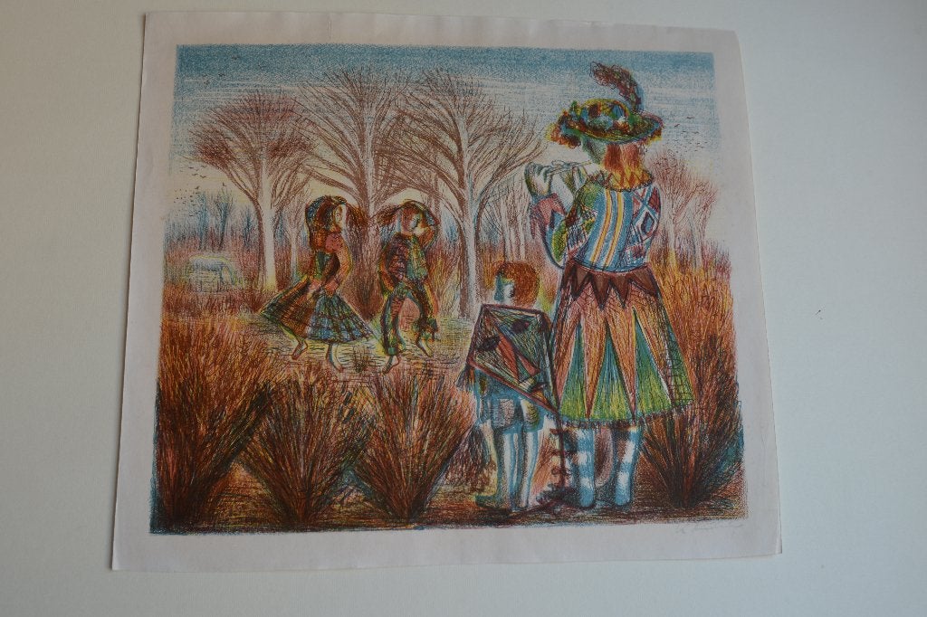 KEES ANDREA FLUITSPELERS DANSERS Litho 1947 Gesigneerd SP2, Dagelijks leven, Origineel, Ophalen of Verzenden, 36 cm