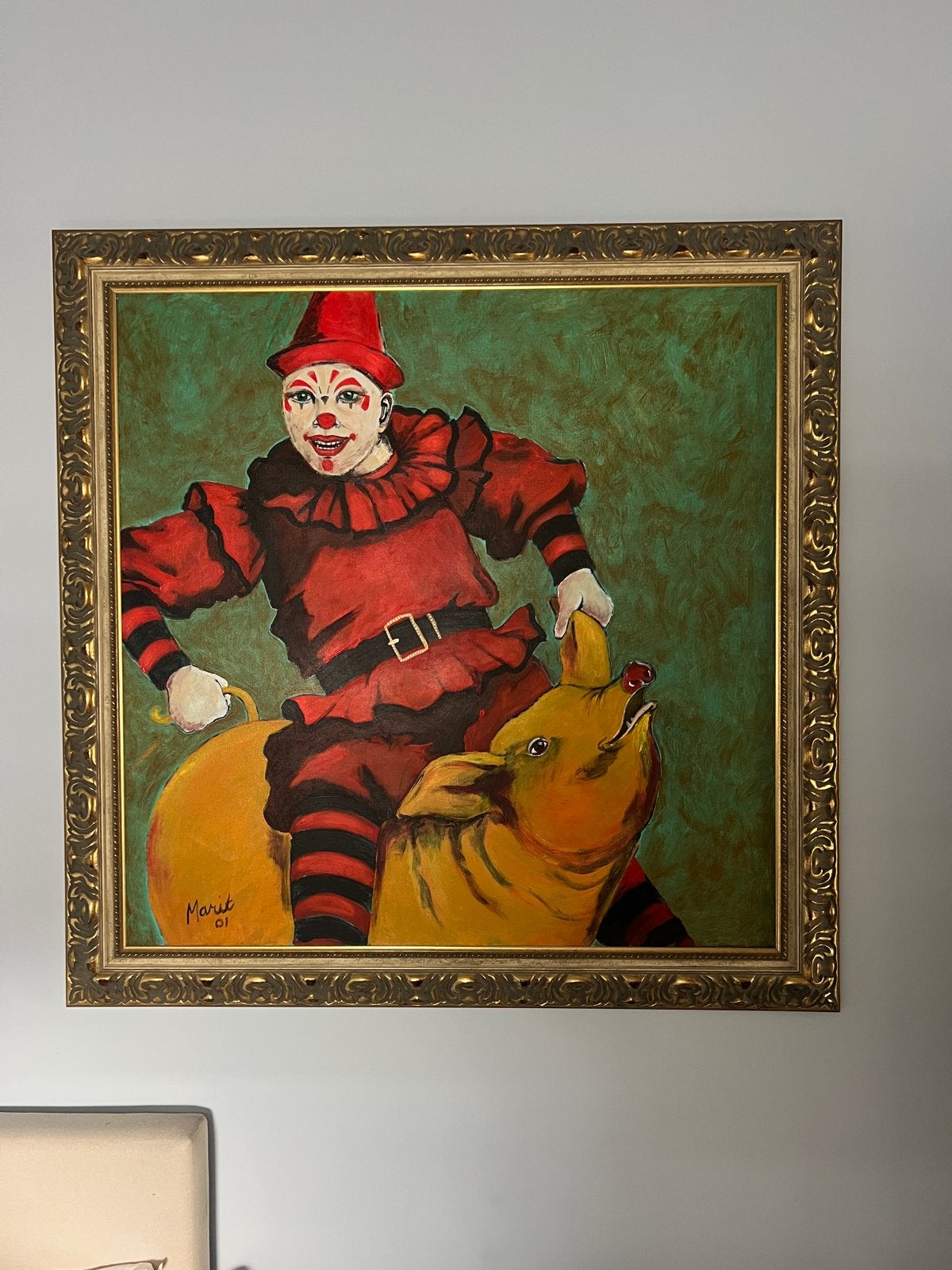 Schilderij Clown op Varken - Marit '01 - 115x117cm, Ophalen, Figuren, Overige materialen, Gesigneerd