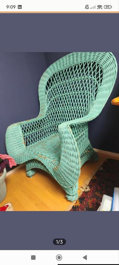 Vintage rotan fauteuil in mintgroen, Verzamelen, Retro, Ophalen, Huis en Inrichting