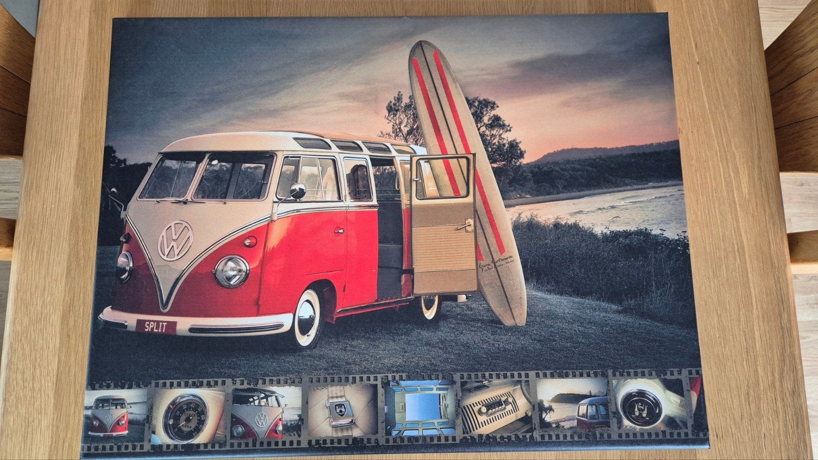 Canvas schilderij VW busje met surfplank - 72x47 cm, Ophalen, 50 – 75, Gebruikt, Schilderij