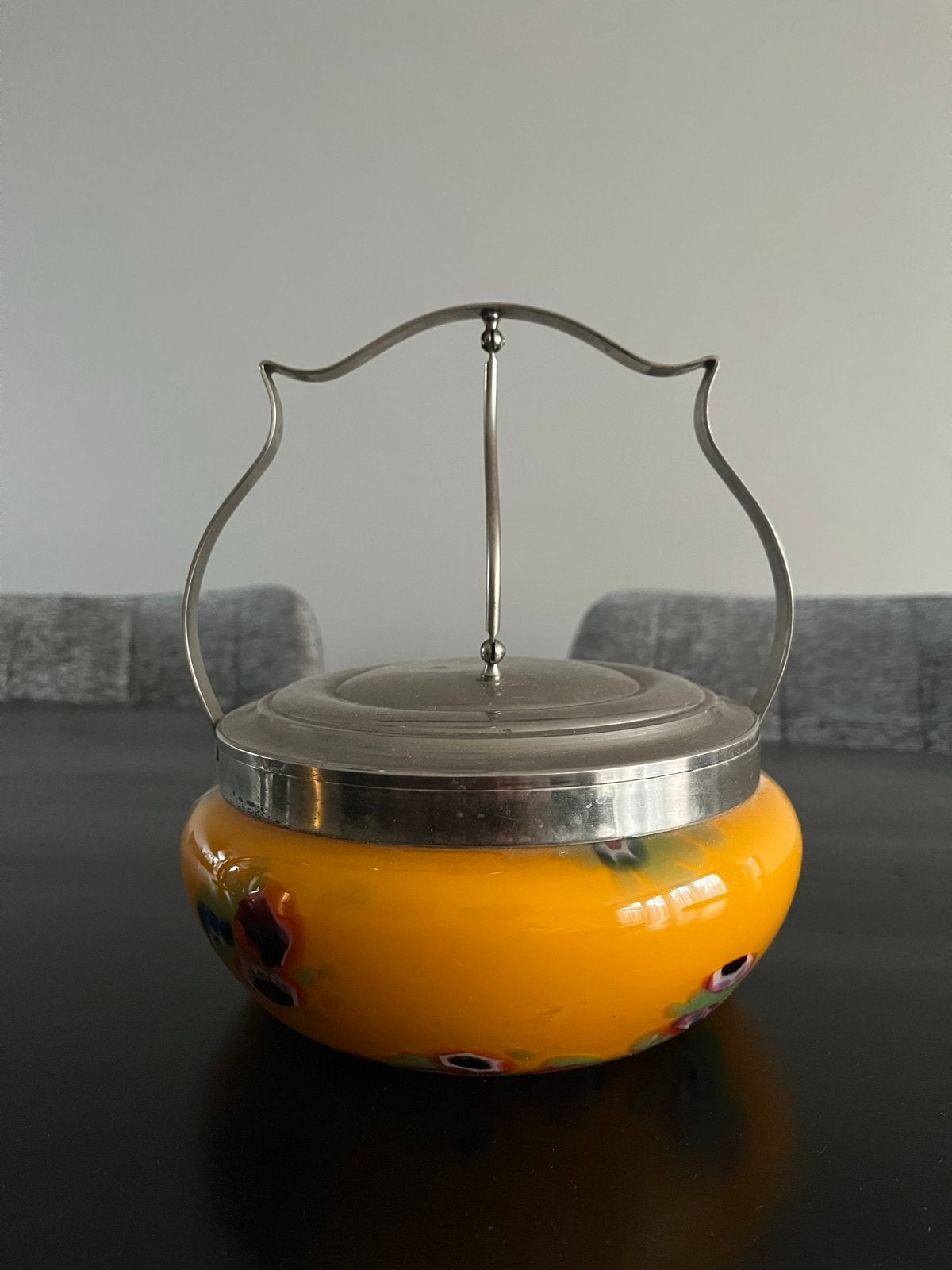 Antieke Murano Millefiori koekjespot met metalen houder, Ophalen of Verzenden