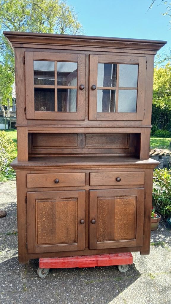 Eiken buffet / vitrinekast in 2 delen,  jaren 1960, Ophalen, Gebruikt, 100 tot 150 cm, Eikenhout