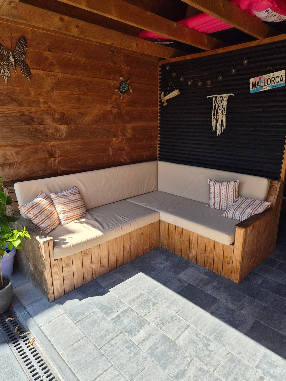 Douglas hoekbank 220x180 met op maat gemaakte kussens, Ophalen, 4 zitplaatsen, Gebruikt, Loungeset