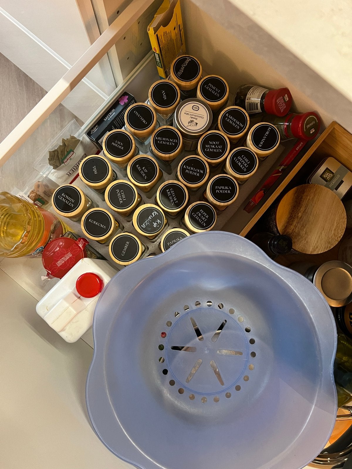 Kruidenpotjes met bamboe deksel en etiketten, Ophalen, Glas, Zo goed als nieuw, Voorraadpot