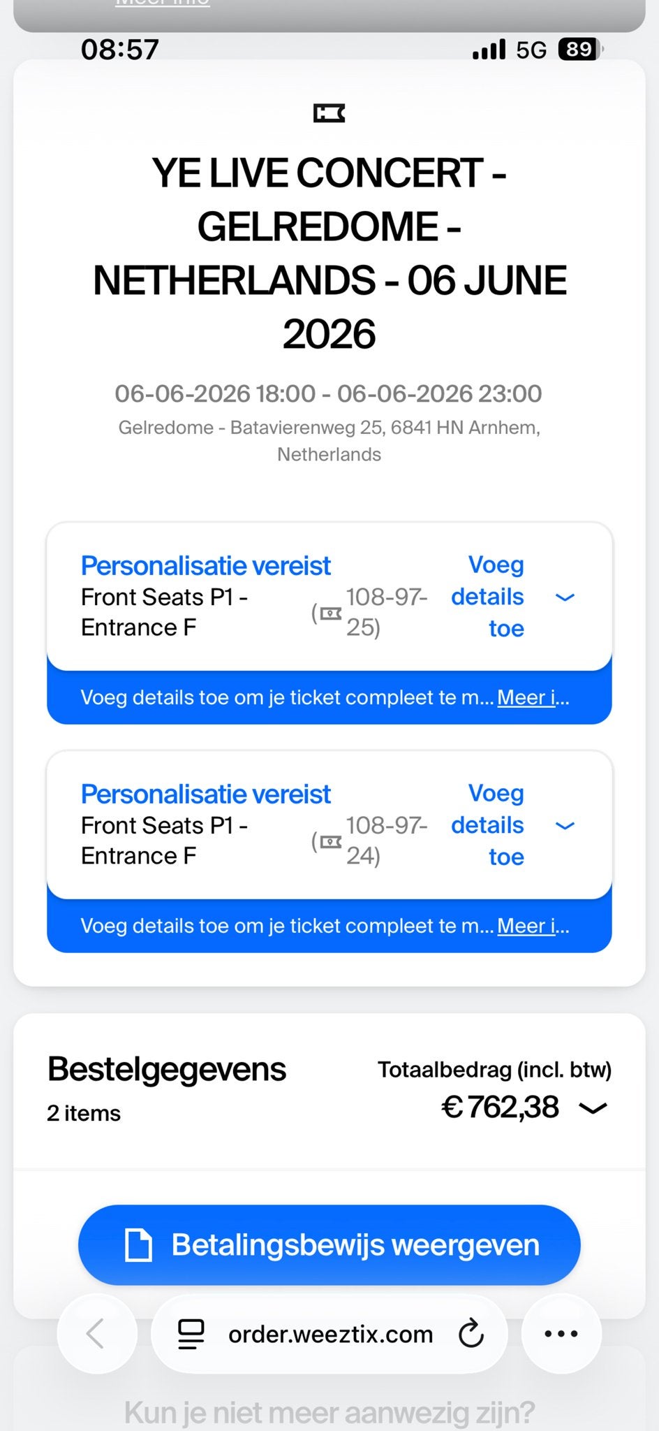 Moet weg! 2 top zitplaatsen voor Ye in Gelredome 6-6-2026, Tickets en Kaartjes, Twee personen, Oktober