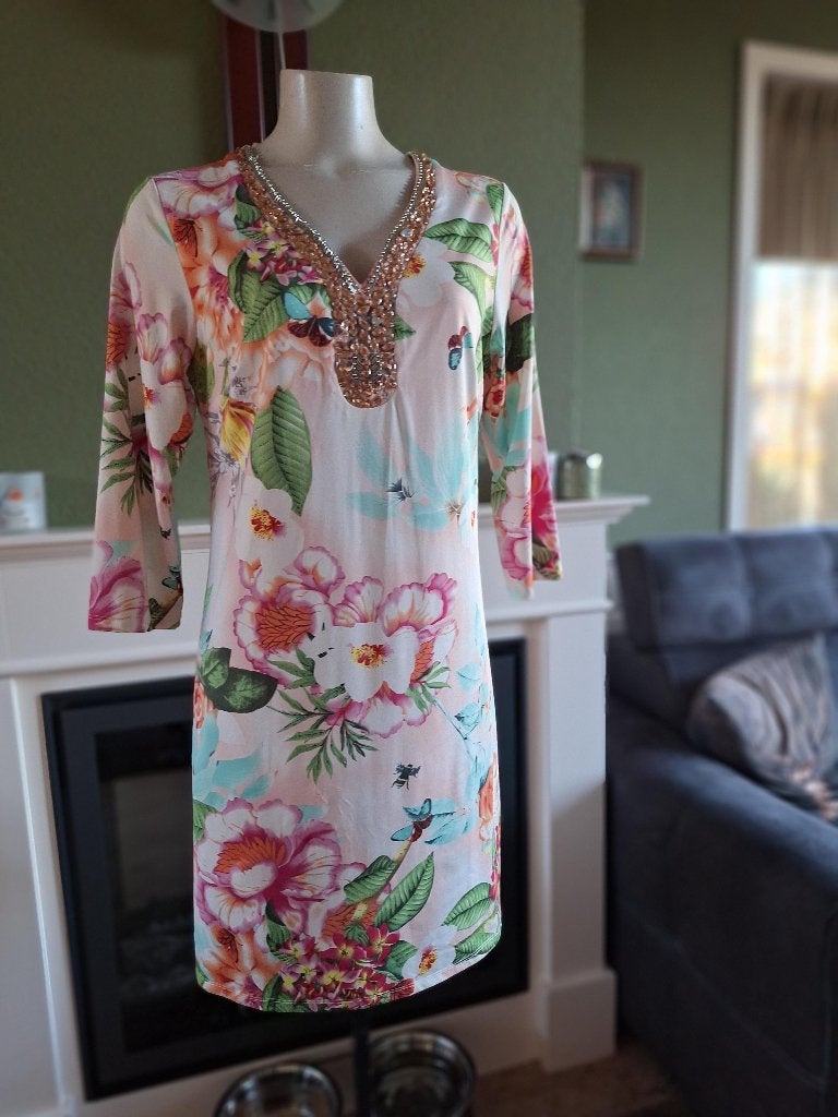 K-Design K design zacht oranje bloemen jurk M, Kleding | Dames, Maat 38/40 (M), K-design, Knielengte, Gedragen