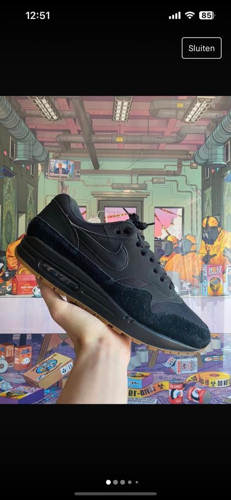 Nike Air Max 1 black gum mt45, Zwart, Ophalen of Verzenden, Sneakers of Gympen, Zo goed als nieuw