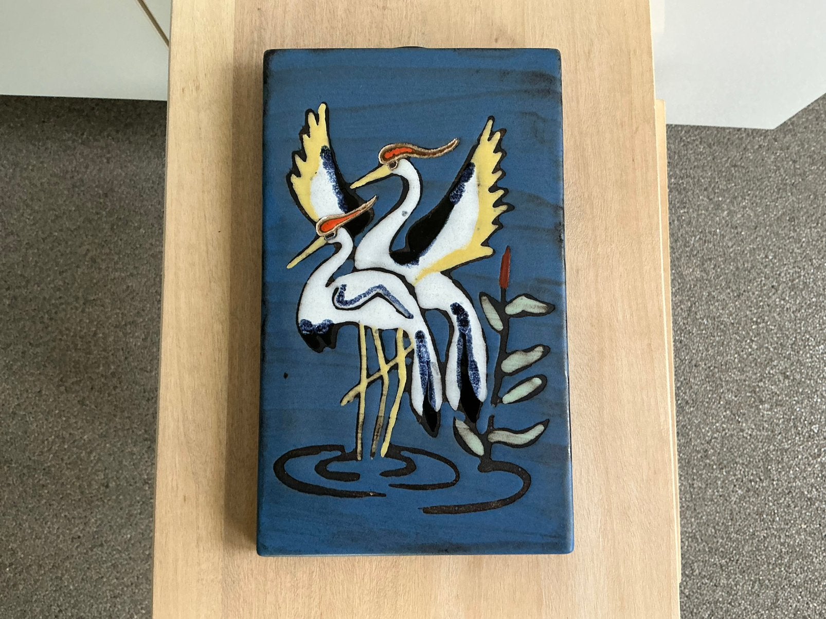 Keramiek wandpaneeltje Ceramano kraanvogels reigers tegel, 14 cm, Steen/keramiek, Zo goed als nieuw, 23 cm