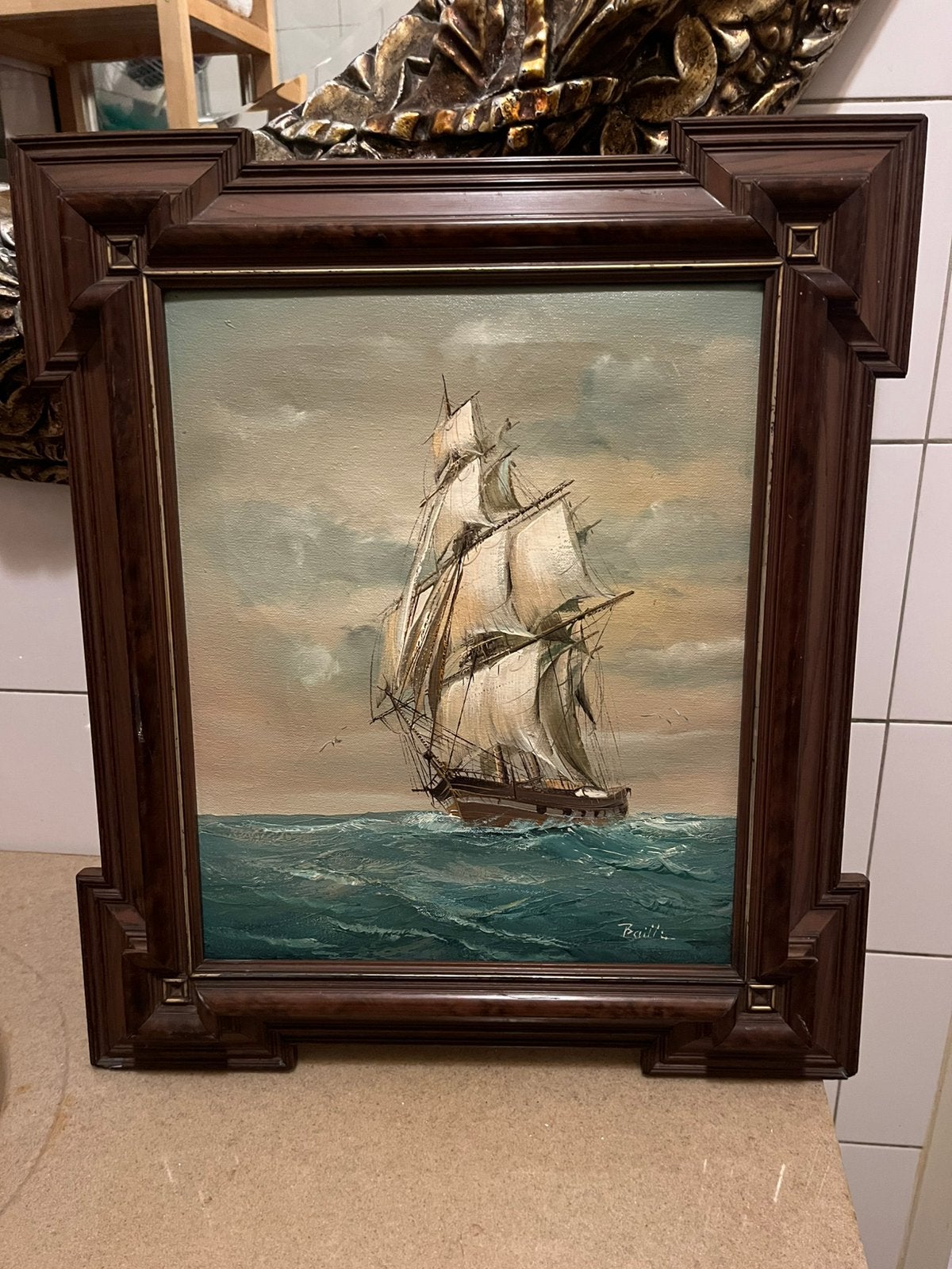 Prachtig antiek olieverf zee met boot schilderij, Ophalen