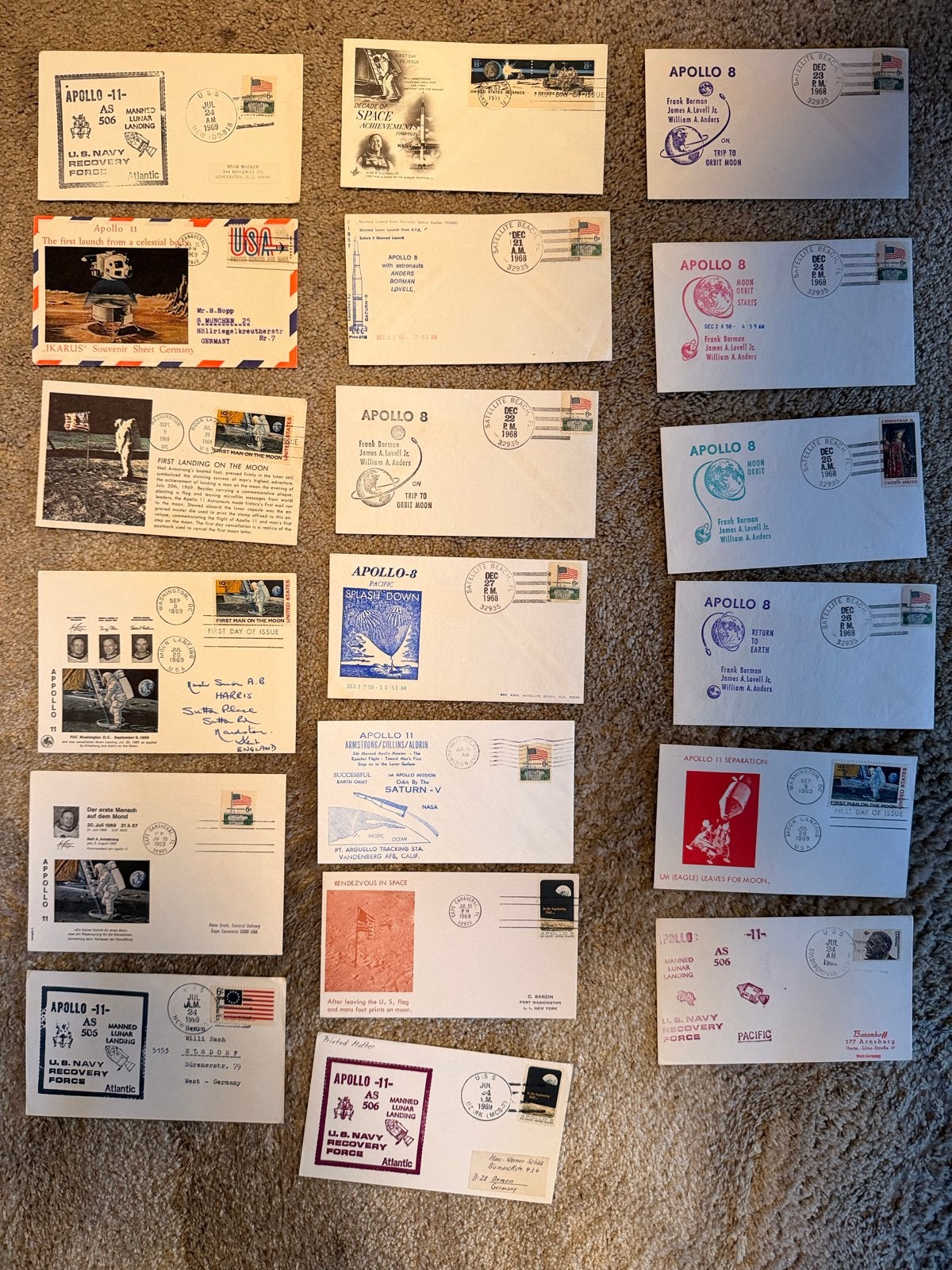 Apollo 8 & 11 Eerste Dag Uitgifte Enveloppen, Ophalen of Verzenden, Beschreven, Rest van de wereld