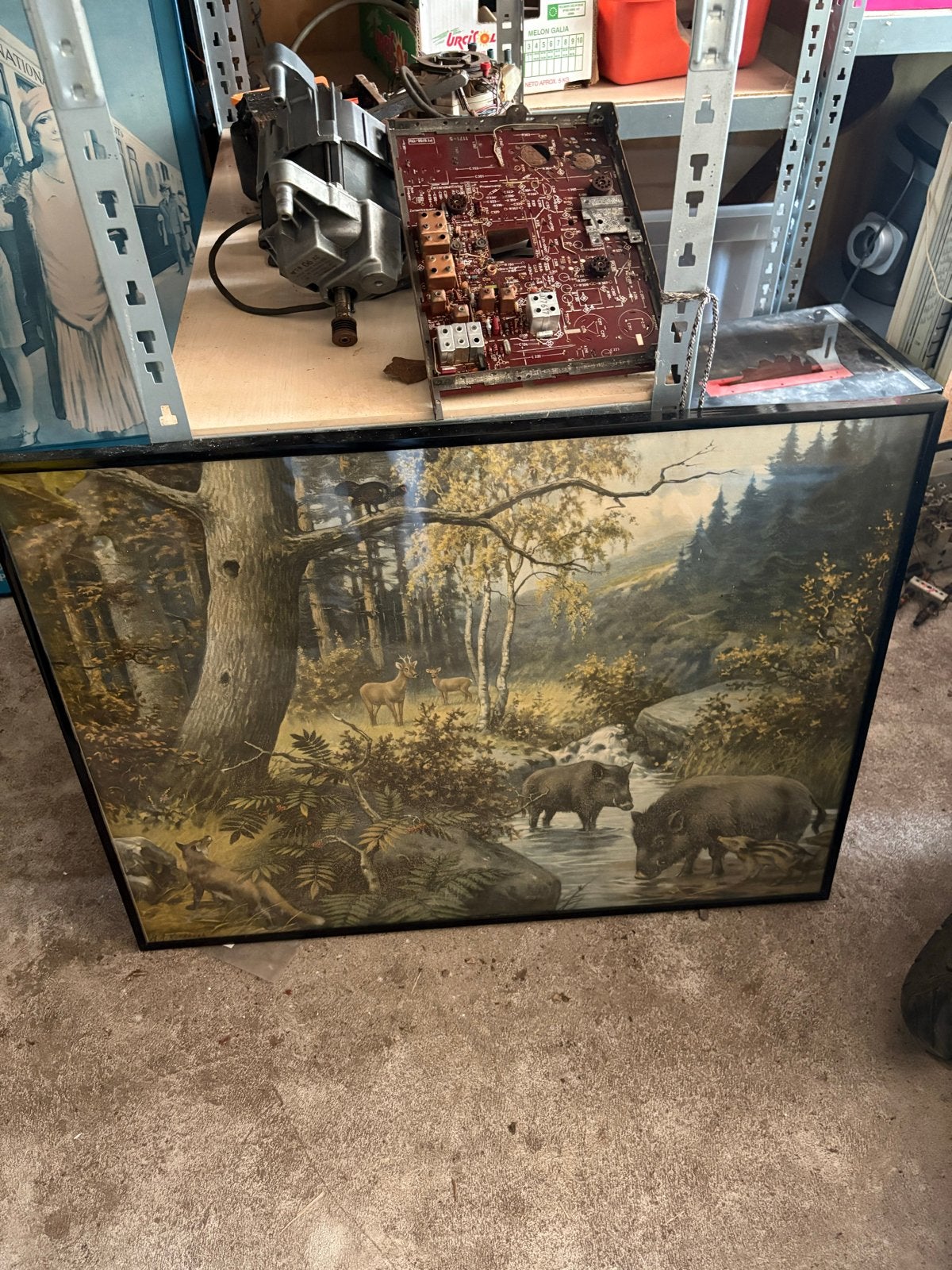 Ingelijste schilderij bosscène met wilde zwijnen en herten, Ophalen, Gelezen, Schilder- en Tekenkunst