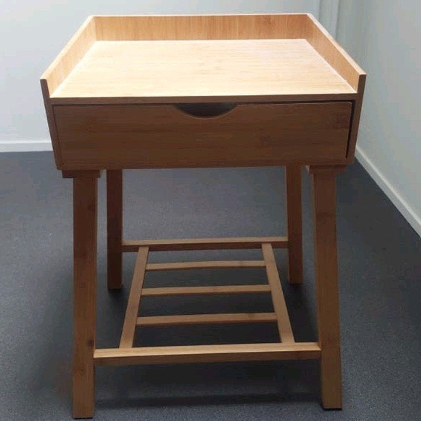 Houten bijzettafel met lade - bamboe, Minder dan 55 cm, Gebruikt, Modern, Scandinavisch, Vierkant