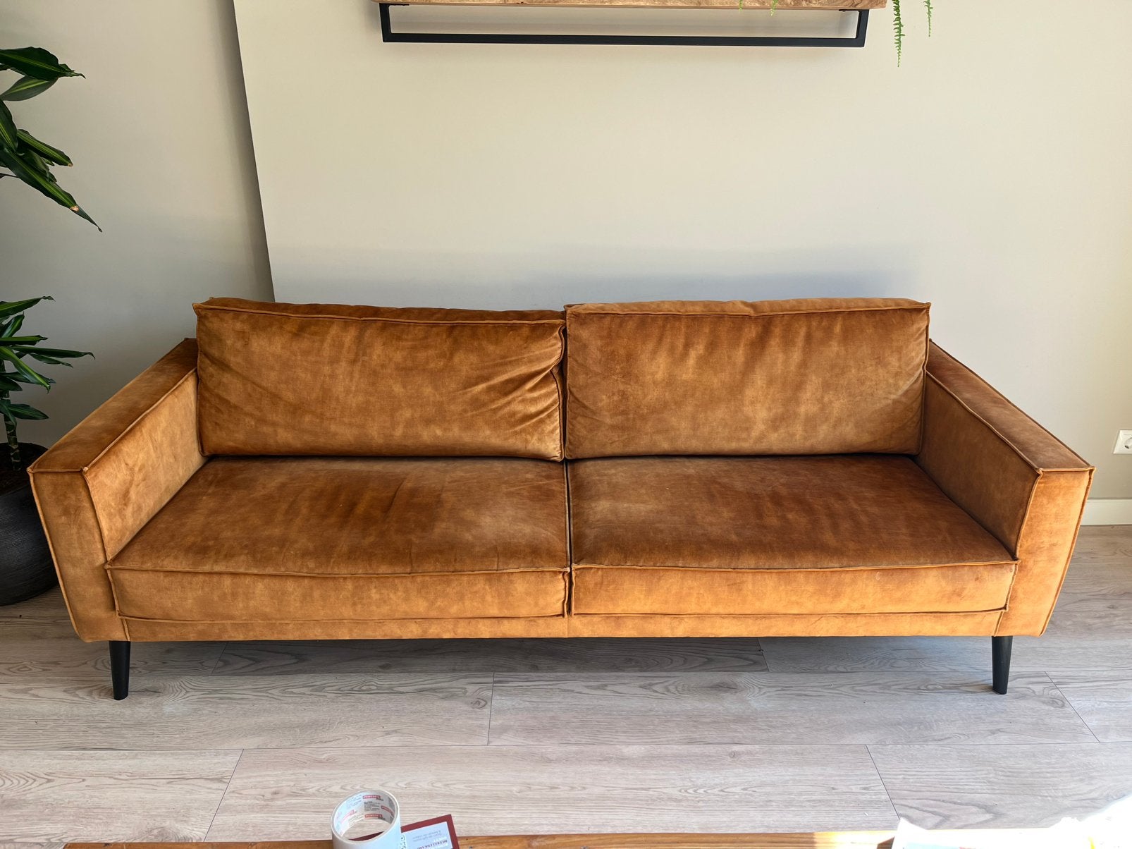 Mooie cognac 2,5-zits bank – velours/suède-look – 218 cm, Ophalen, 75 tot 100 cm, Zo goed als nieuw, Stof