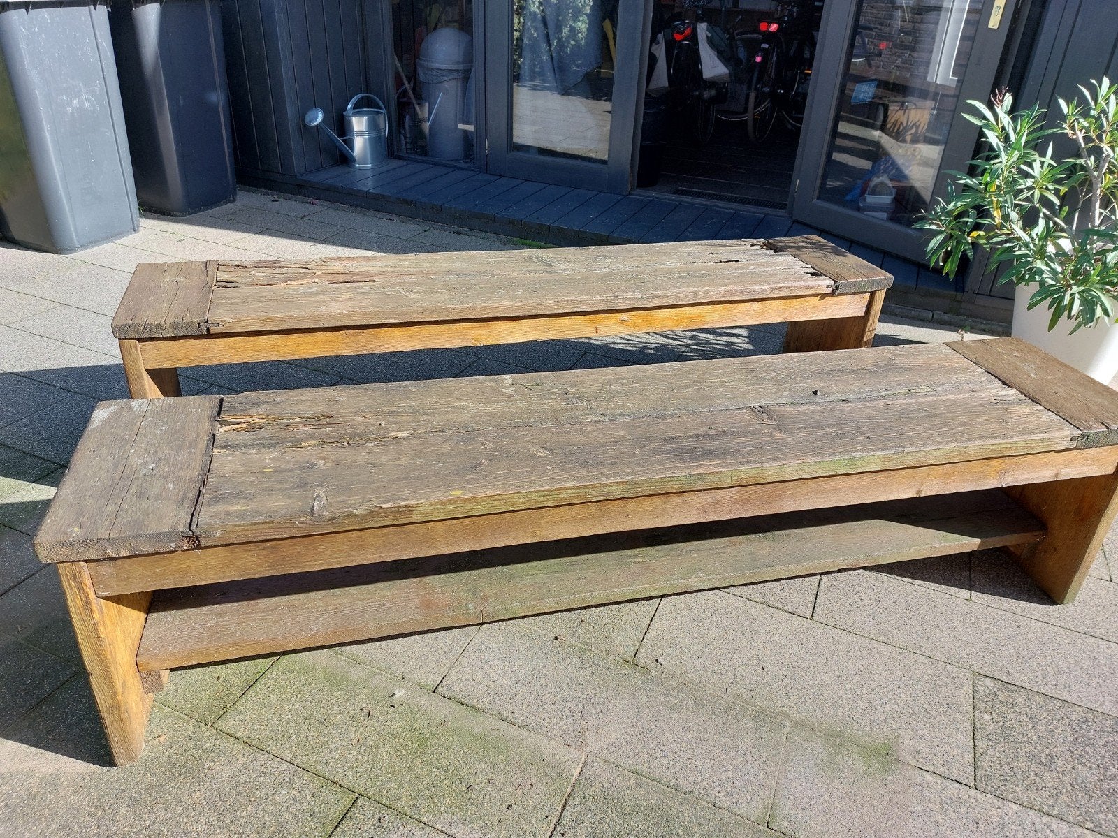 2 houten tuin banken 190x40x45, Ophalen, Gebruikt, Hout